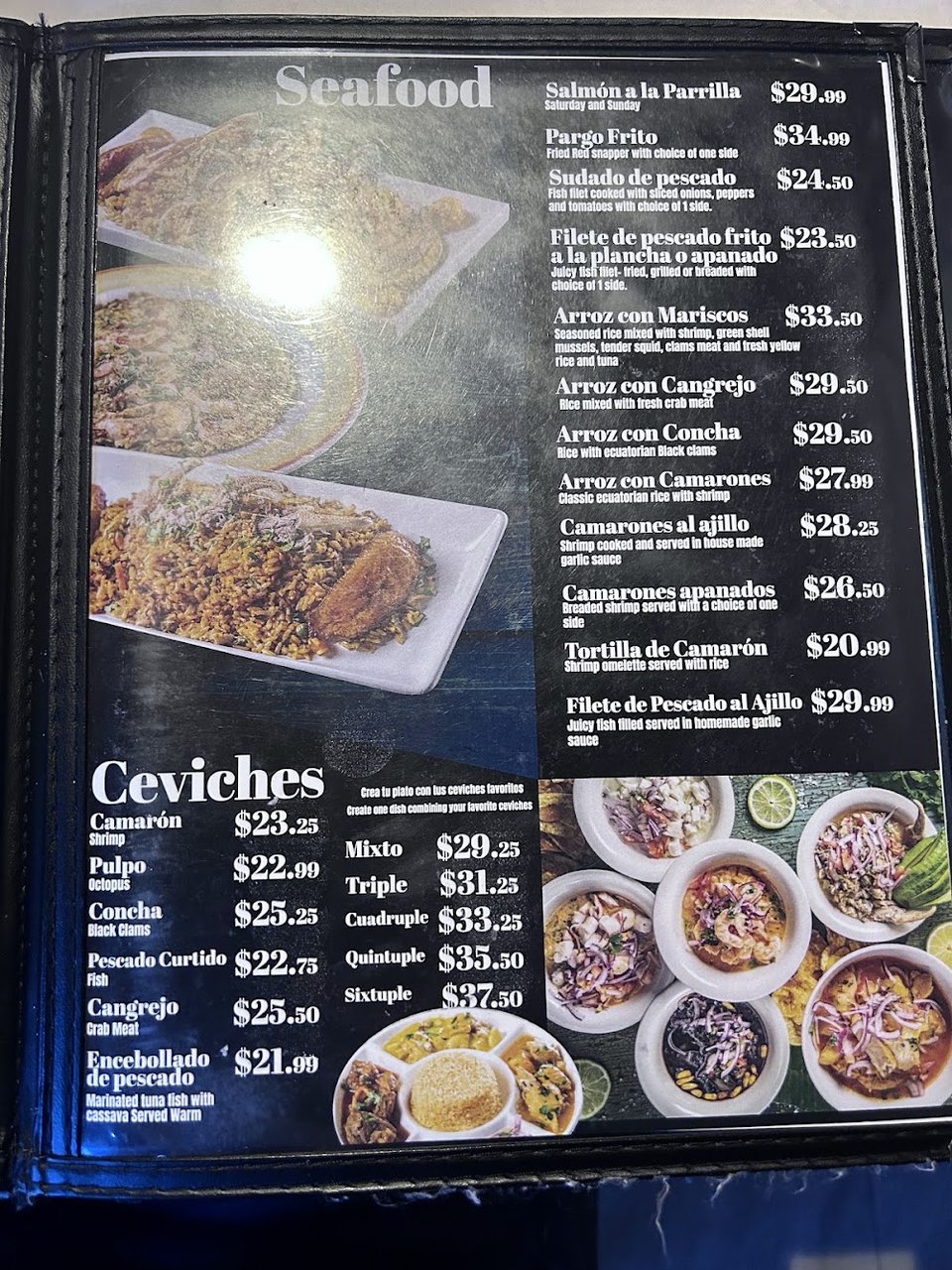 Printed menu with Ecuadorian dishes and ceviches.
