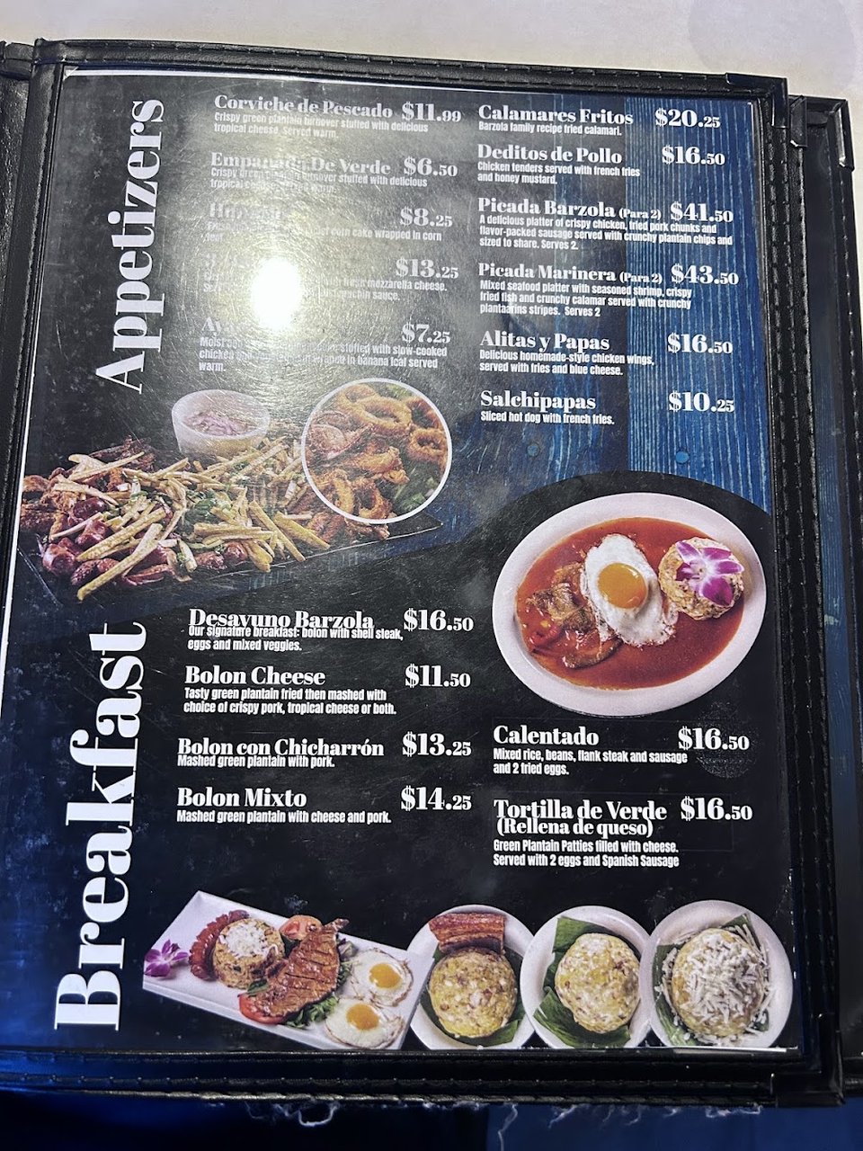 Menu page showing batidos, mariscos, and beverages.
