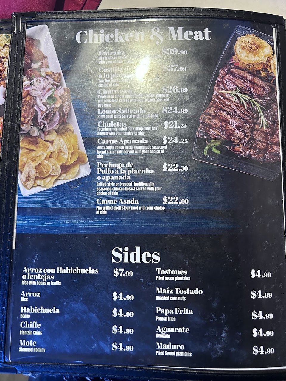 Restaurant menu with breakfast, lunch, and dinner sections.